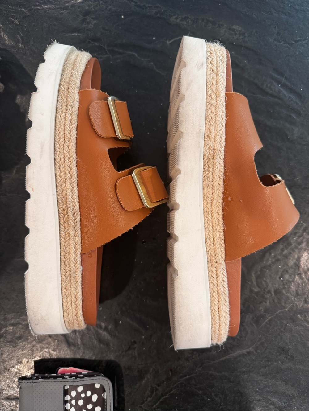 Tan Platform Slide Sandals with Gold Buckles - Women